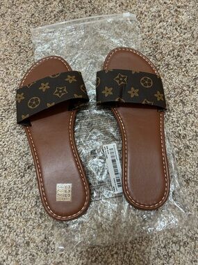 Brown Slide Sandals with Monogram Strap - Women
